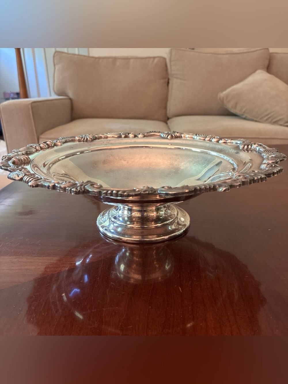 Vintage Sheridan Silver on Copper Pedestal Bowl Footed Dish Ornate Rim, 11.5” di